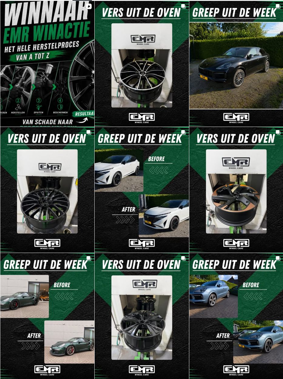 Het huidige Instagramprofiel van EMR Wheel Care met herkenbare huisstijl: enkel de postblokken
