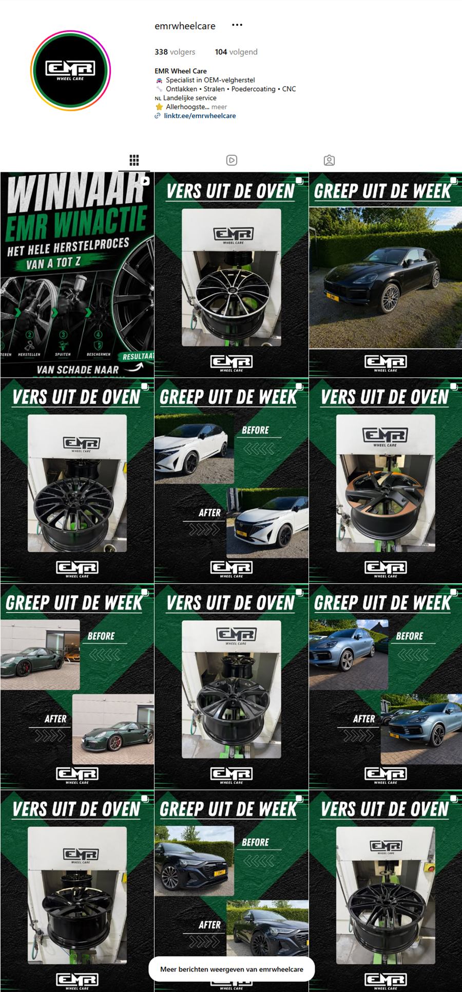 Het Instagramprofiel van EMR Wheel Care met de vaste content formats