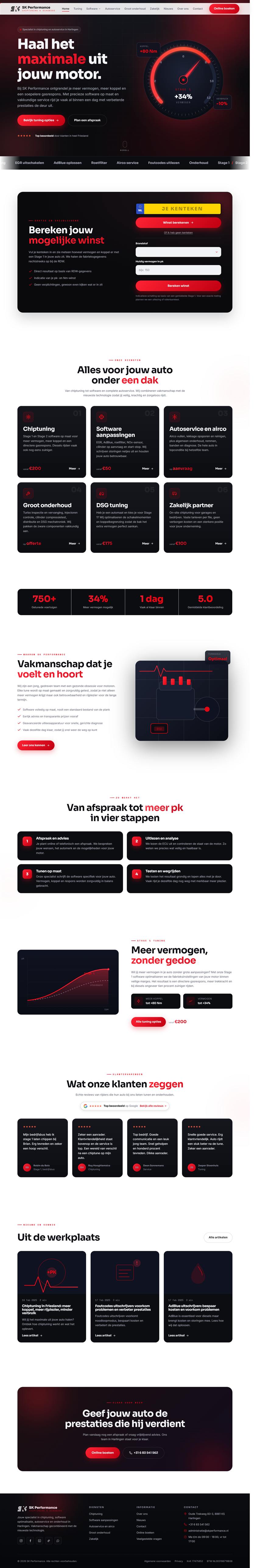De volledige website van SK Performance van boven naar beneden
