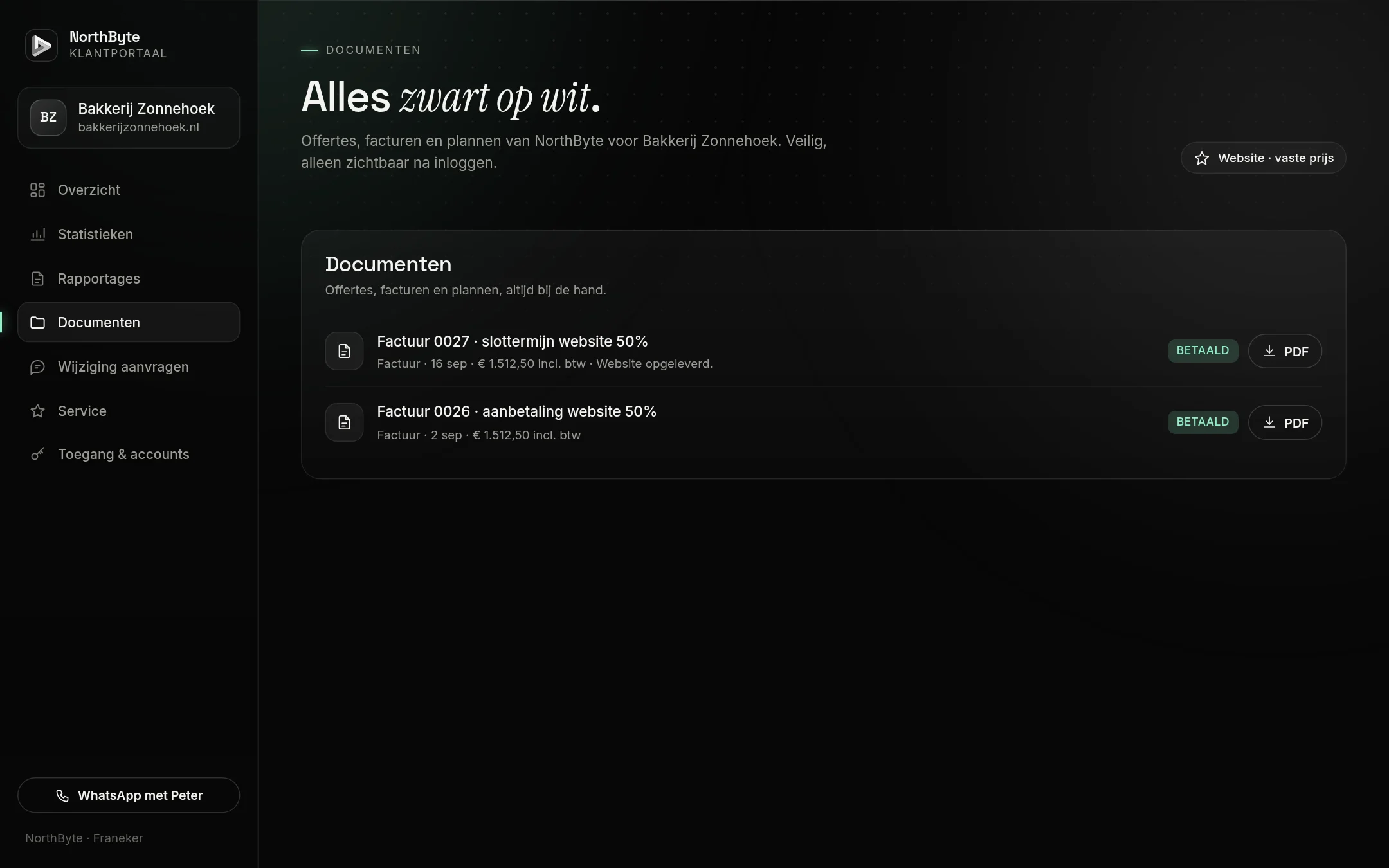 De documentenpagina met offerte en facturen