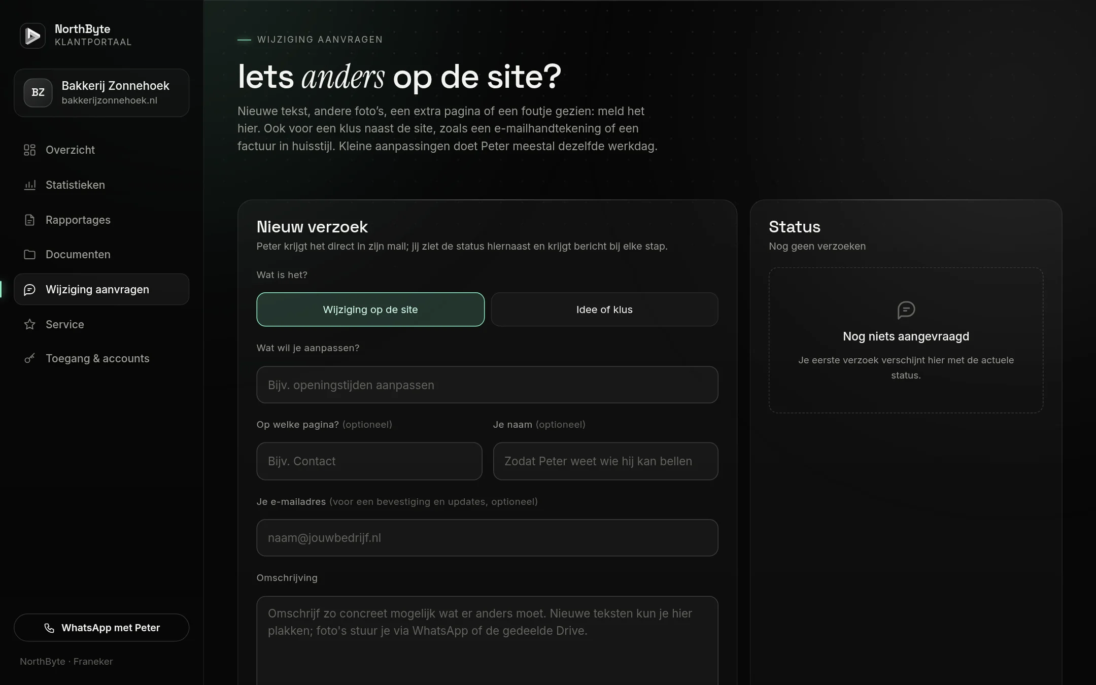 Het formulier om een wijziging door te geven, met daarnaast de status van eerdere verzoeken