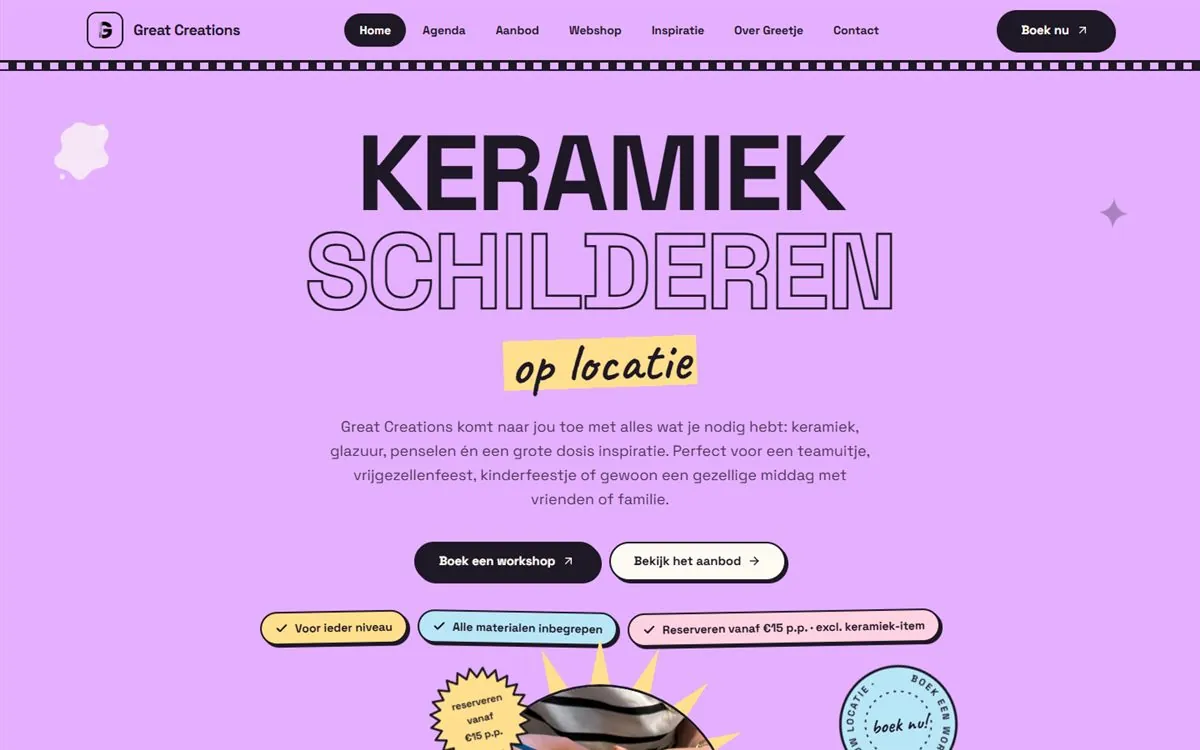 De homepage van greatcreations.nl met het speelse retro-ontwerp