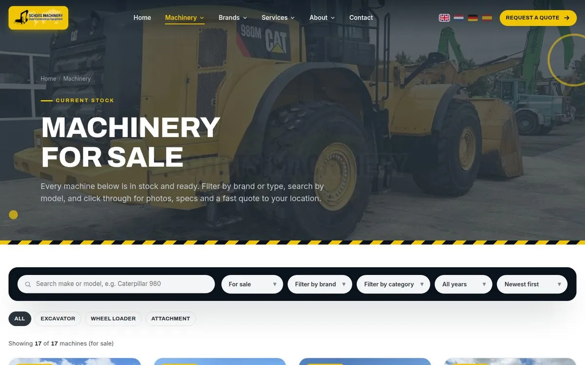 De voorraadpagina van schotsmachinery.com met zoeken en filters op merk, categorie en bouwjaar