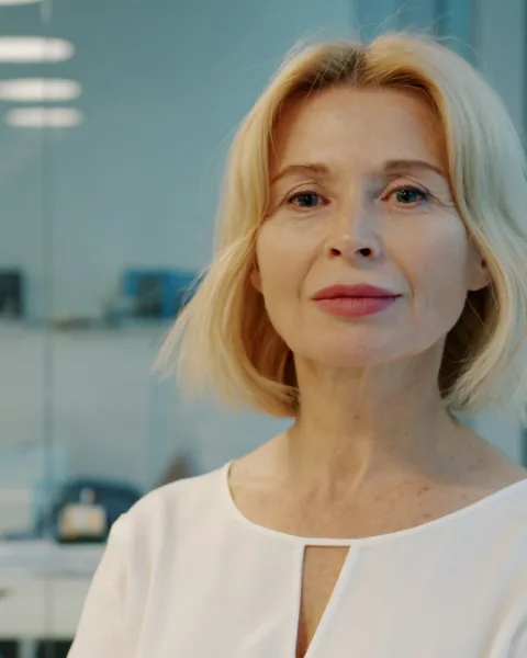 Hinke, met halflang blond haar en een witte blouse, kijkt vriendelijk in de camera