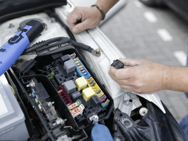 Monteur meet een elektrische storing door in het zekeringkastje