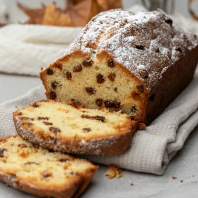 Een krentenbrood met poedersuiker, een paar plakken afgesneden