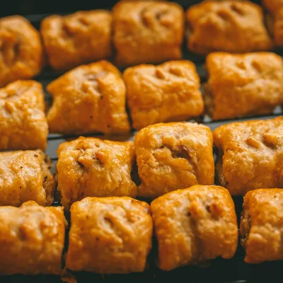 Een bakplaat vol goudbruine saucijzenbroodjes