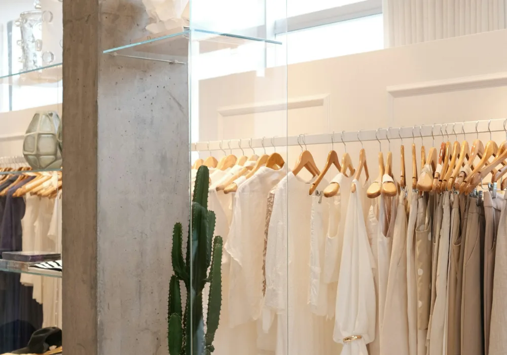 Een licht winkelinterieur met een rek vol kleding in naturel tinten en een cactus