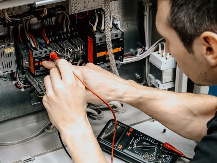 Monteur meet met een testpen aan een relais in een schakelkast, de multimeter ligt op de klep