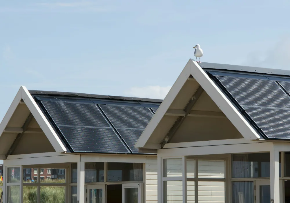 Twee witte huisjes met puntdaken die helemaal bedekt zijn met zwarte zonnepanelen
