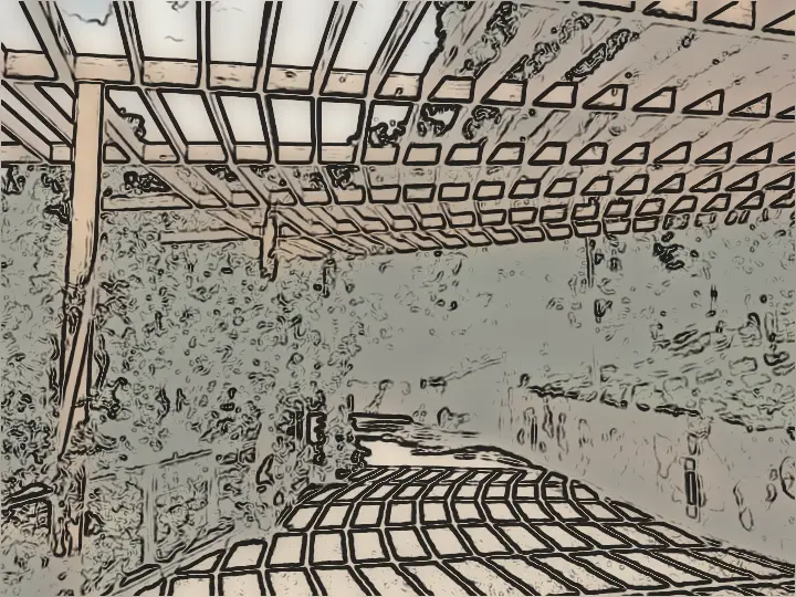 Voor: ingekleurde potloodschets van dezelfde pergola met grindpad en stapelmuur
