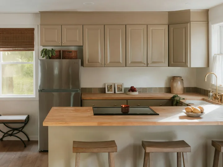 Lichte keuken met beige kaderdeuren en een schiereiland met een massief houten blad