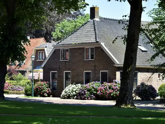 Vrijstaand bakstenen huis met een groot dak en bloeiende hortensia's voor de deur