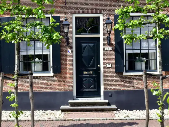 Statige bakstenen gevel met zwarte voordeur, zwarte luiken en leilindes