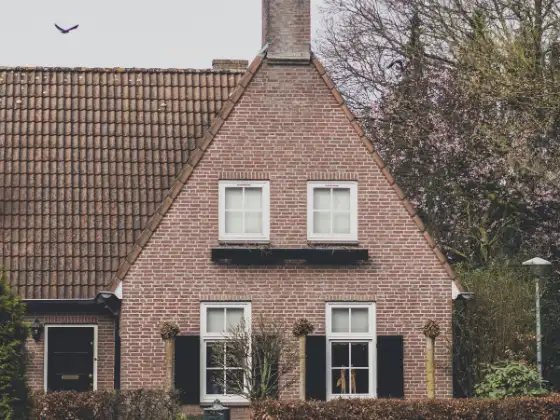 Vrijstaand bakstenen huis met puntdak, schoorsteen en zwarte luiken