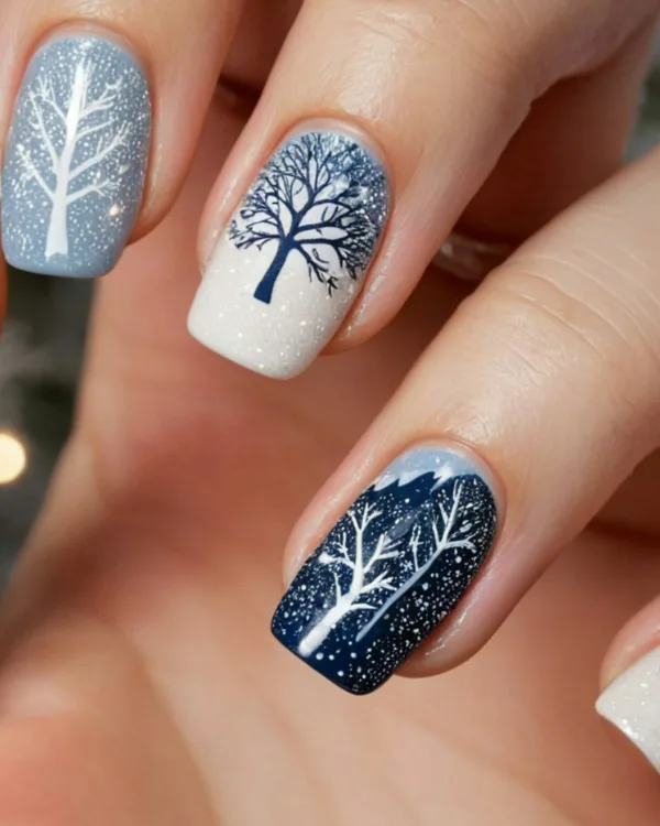 Nagels in ijsblauw, wit en nachtblauw met handgeschilderde winterbomen
