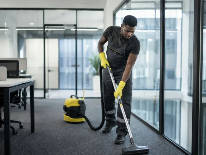Een schoonmaker in werkkleding zuigt de vloer van een kantoor met glazen wanden