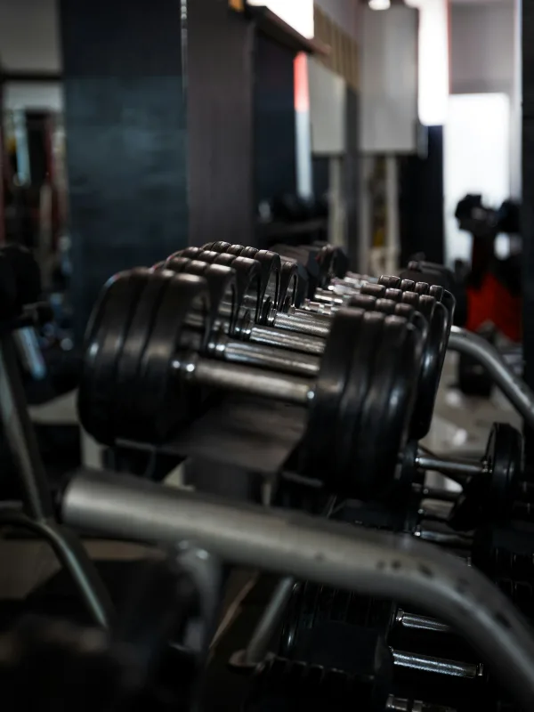 Een rek met zwarte dumbbells van klein naar groot